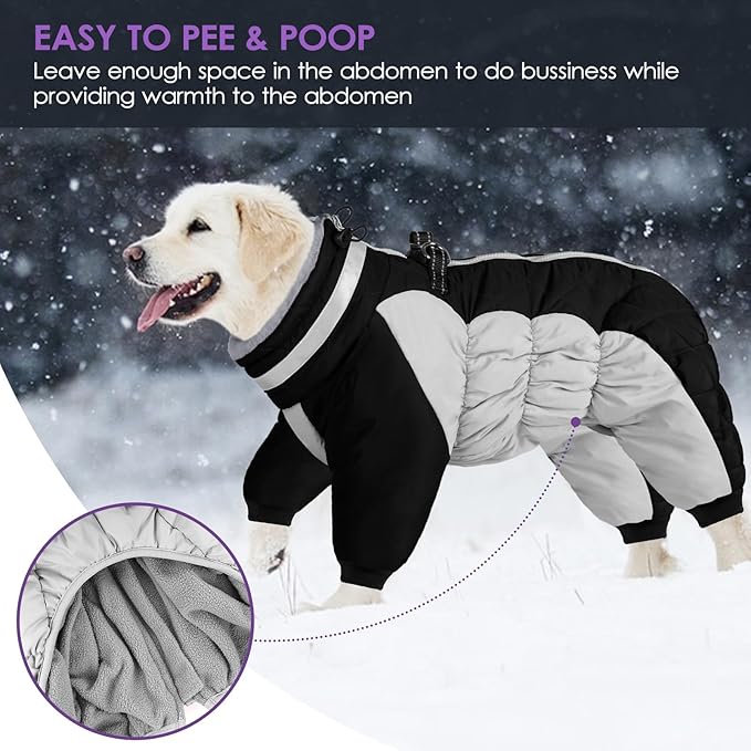 SUNFURA Full Body Dog Coat - Warm Fleece Jacket for Extra Large Dogs, Turtleneck Winter Coats with Harness, Reflective Dog Snowsuit Windproof Puffer Jackets with Legs for Great Dane, Black 3XL