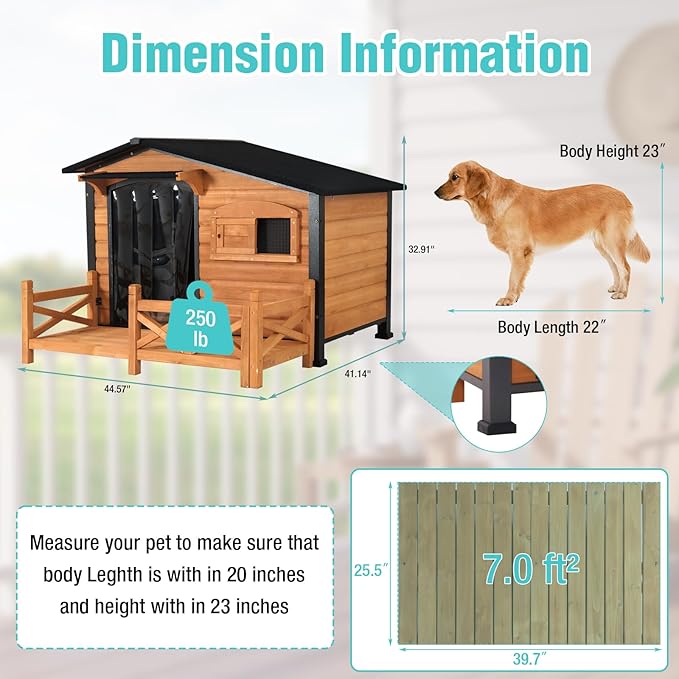 Dog House for Outdoor Use with Matel Frame, Waterproof Design- All-Weather Wooden Kennel with Sliding Window & Metal Frame (Wood, L)