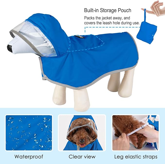 Lukovee Dog Raincoat, Adjustable Dog Rain Jacket with Clear Hooded Double Layer for Large Medium Small Dogs Puppies, Waterproof Rain Coat Poncho with Reflective Storage Pocket & Rim (Blue, XXL)