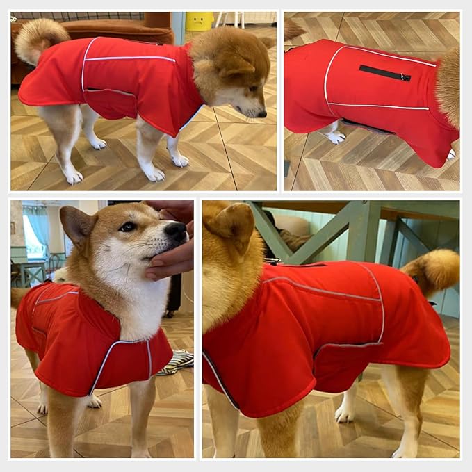 ROZKITCH Dog Rain Coat for Large Dogs, Waterproof Winter Jacket with Fleece Liner and Leash Hole Reflective Strip for Large Dog, Adjustable Hook & Loops Vest for Outdoor Hiking Travel Red 2XL