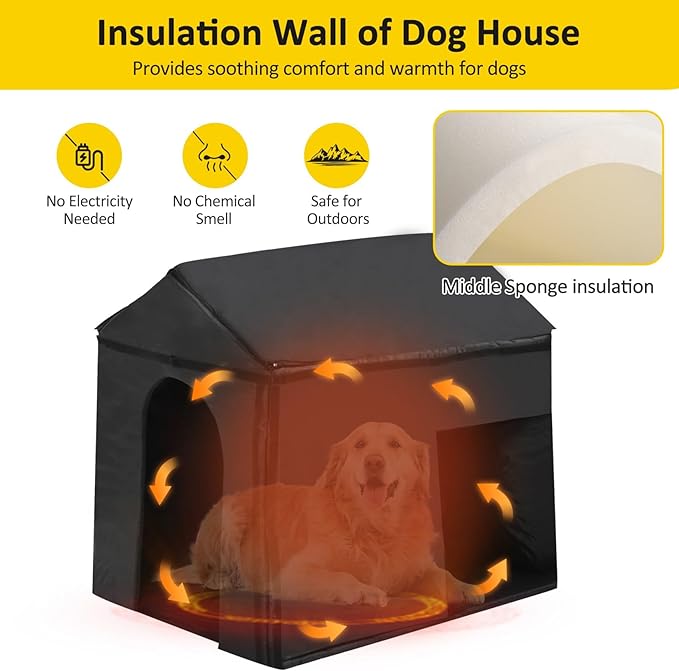 Merax 60.2" Wooden Dog House Outdoor with Insulated Liner for Winter, Extra Large Breed Outside Kennel with Weatherproof, Asphalt Roof, Elevated Floor, Fencing and Porch, for Medium & Large Dogs