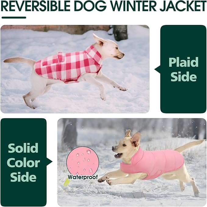 Kuoser Dog Winter Coat, Windproof Dog Fleece Jacket British Style Plaid Cold Weather Doggie Vest Coats, Reversible Cozy Warm Puppy Clothes Pet Apparel for Small Dogs S