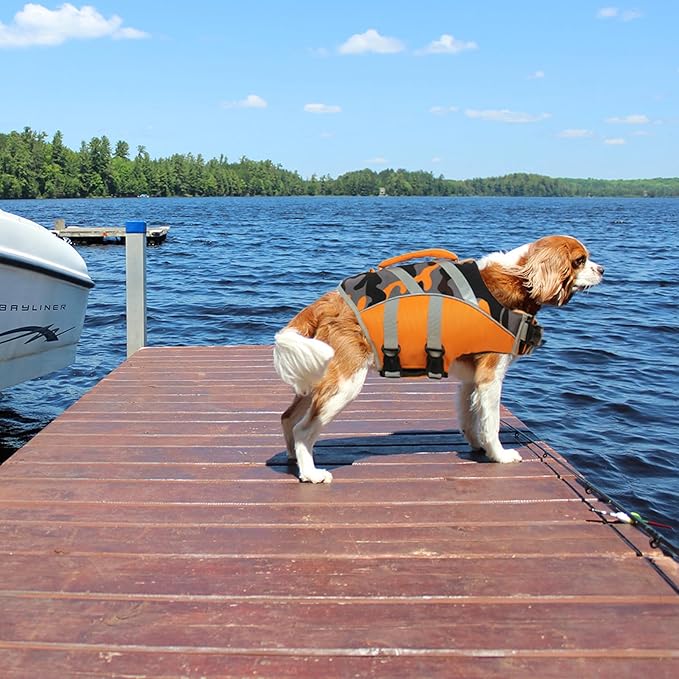Kuoser High Visibility Dog Life Jacket with Reflective Stripes, Adjustable Ripstop Pet Life Preserver Swimsuit for Small, Medium and Large Dogs