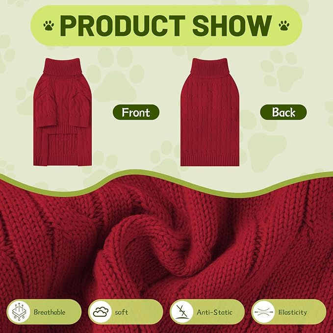 Small Dog Thermal Pullover Sweater, Classic Turtleneck Cable Knitwear Dog Clothes for Cold Weather Warm Pet Clothes for Chihuahua, Bulldog, Dachshund, Pug Red Large