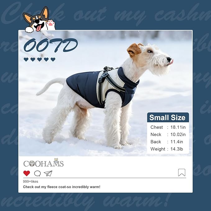 Dog Winter Coat for Small & Medium Dogs (Up to 31lb), Waterproof Dog Coat with Harness, Puppies Windproof Puppy Puffer Jacket, Snowsuit for Dachshund,Frenchie,Corgi (Classic Blue, 2XLarge)