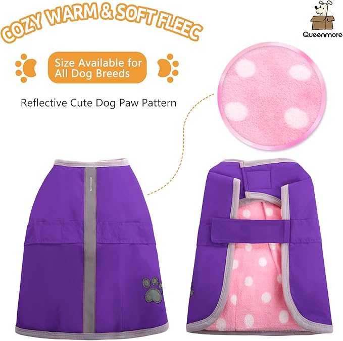 Queenmore Dog Winter Coat, Cold Weather Fleece Jacket for Dogs, Waterproof Reflective Reversible, for Small, Medium and Large Dogs (Purple, L)