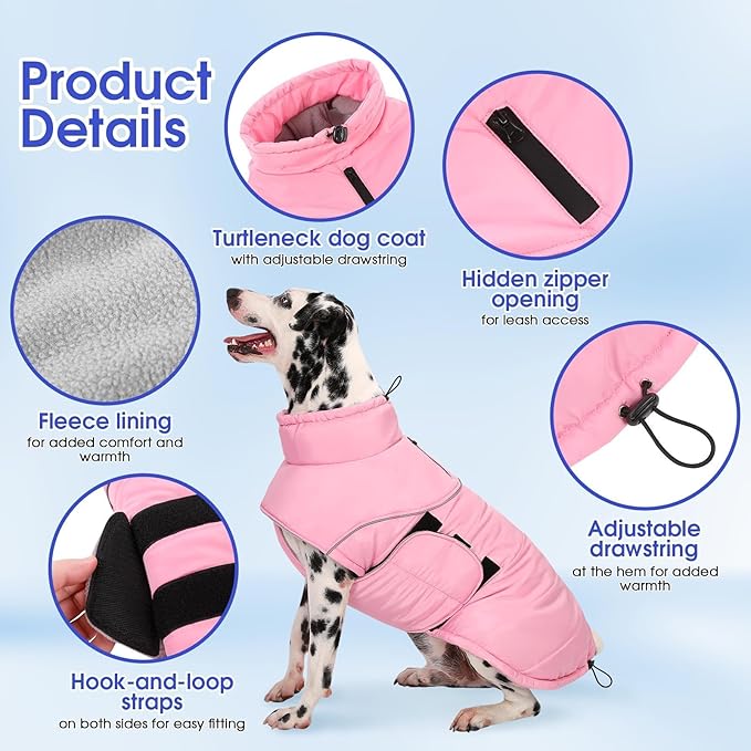 ASENKU Extra Warm Dog Coat - Winter Fleece Jacket with Reflective Stripe, Zippered Leash Hole for Medium Dogs (Pink, M)