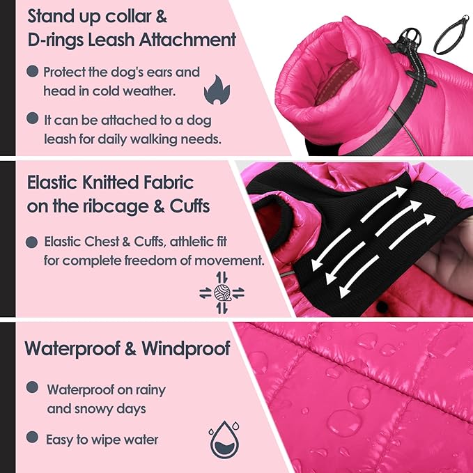 AOFITEE Dog Coat, Waterproof Dog Winter Jacket, Warm Fullbody Small Dogs Snowsuit, Winter Coat for Small Dogs, Zip Up Pet Puffer Jacket Fleece Vest, Outdoor Reflective Pet Snow Jackets, Rose Red XL