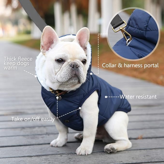 Fleece Hoodie, Windproof Waterproof Coat, Winter Warm Jacket, Cold Weather Pet Apparel Clothes Vest for Small Medium Large Dogs (XS, Blue)