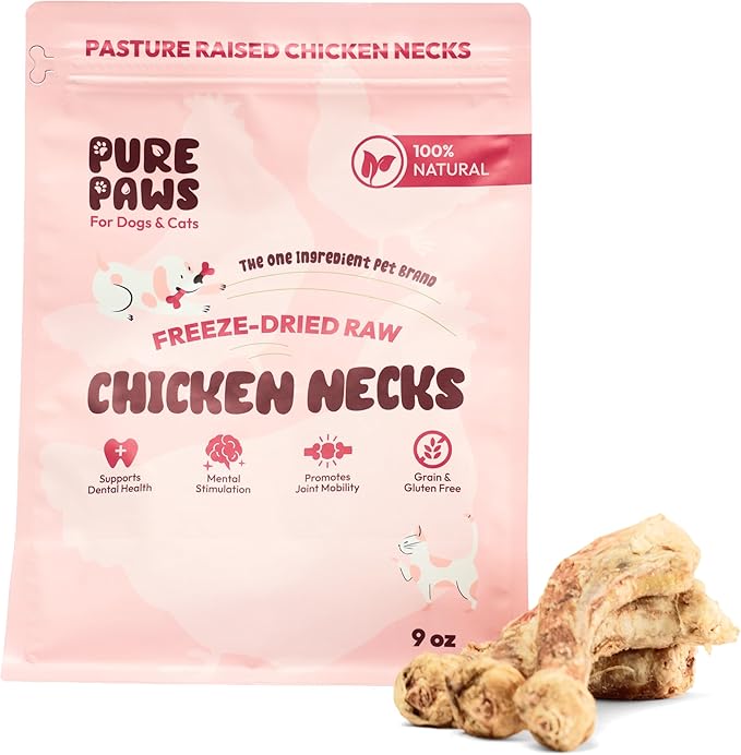 Freeze-Dried Chicken Necks for Dogs & Cats, Single Ingredient, High Protein Dog Treat, Regeneratively Raised Poultry, Grain-Free, No Additives, Supports Dental & Joint Health, 9 oz