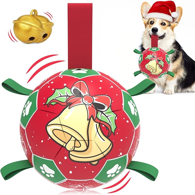 QDAN Christmas Dog Soccer Balls with Straps, Interactive Toys for Tug of War, Puppy Birthday Gifts, Durable Balls for Medium Large Dogs (8 Inch)