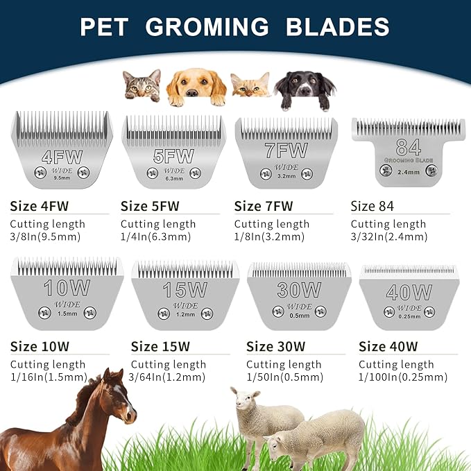 7FW+5FW+4FW Wide Pet Dog Grooming Detachable Blades Kit,Compatible with Andis,Oster A5,Wahl KM10 Clippers,Cut Length 1/8"(3.2mm) to 3/8" (9.5mm),Fit for Larger Animals