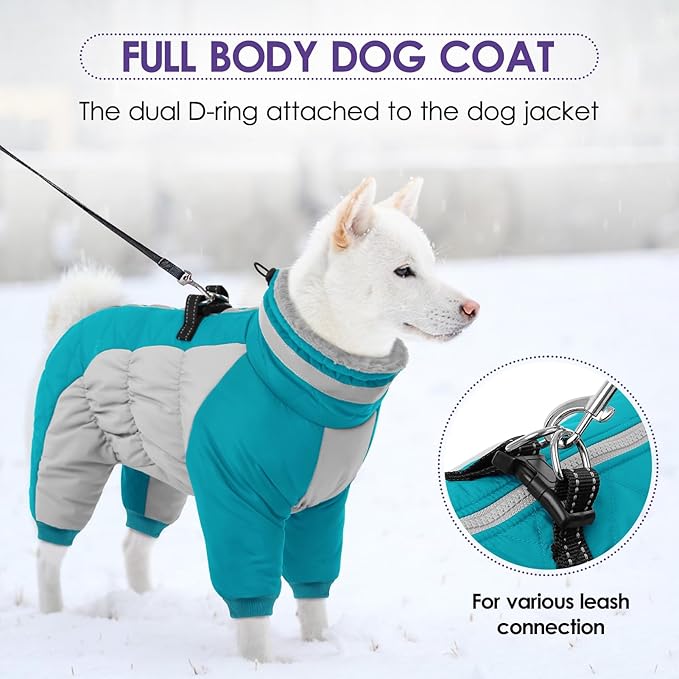 SUNFURA Full Body Dog Coat - Warm Fleece Jacket for Large Dogs, Turtleneck Winter Coats with Harness, Reflective Dog Snowsuit Windproof Puffer Jackets with Legs for French Bulldog, Turquoise L