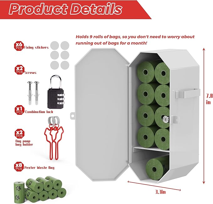 Dog Poop Bag Dispenser Wall Mount with 2Pcs Holders and 8 Rolls of Waste Bag, Metal, Corrosion-resistant, Combination Lock, Dark Gray, Suitable for Outdoor, Indoor, Raising Dogs