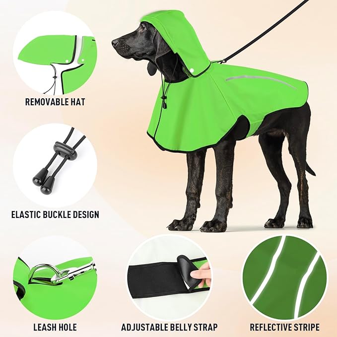 Flashseen Dog Rain Coat, Waterproof Dog Raincoat with Removable Hoodie, Pet Rain Jacket with Reflective Strip, Adjustable Lightweight Dog Hooded Raincoats for Large Dogs