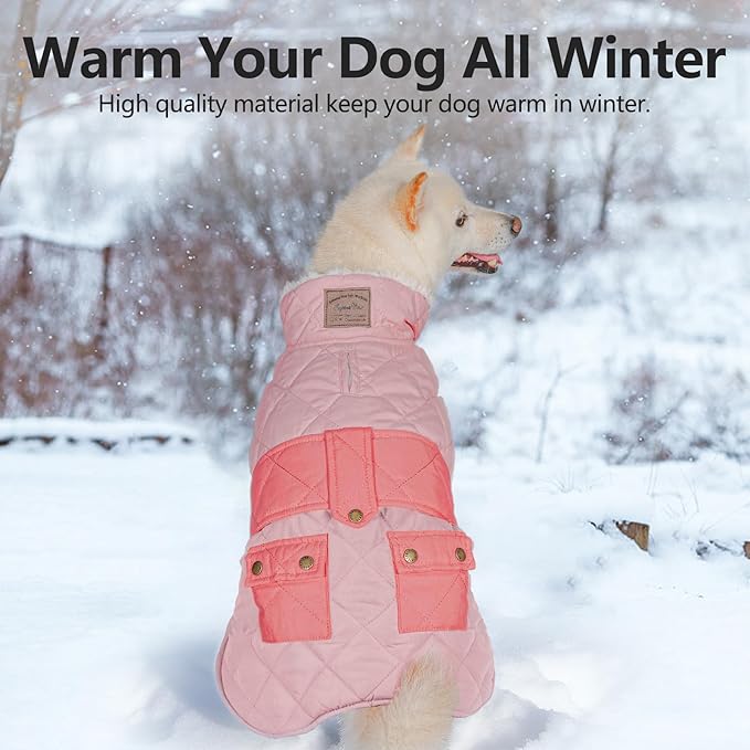 KYEESE Dog Coat Thick Cat Clothes with Pocket Windproof Dog Coats for Small Dogs Waterproof Dogs Jacket with Fleece Lined Soft Pet Sweater for Cold Weather Warm Pet Winter Puffer Coat with Leash Hole