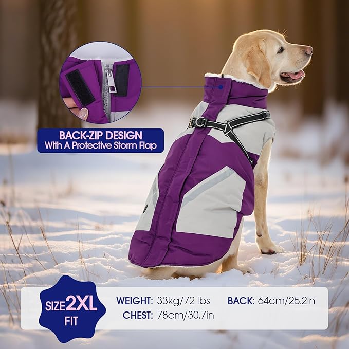 FUAMEY Dog Winter Jackets for Large Dogs,Dog Coat with Harness Built in,Waterproof Dogs Snowsuits Warm Pet Jacket Zip Up Fleece Cold Weather Coats Reflective Puppy Vest with Pocket Purple L
