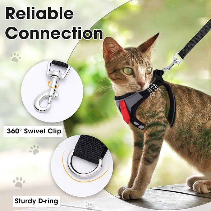 Cat Harness and Leash Set for Walking Escape Proof, Soft Adjustable Kitten Harness Breathable Mesh with Reflective Strips Harness for Kitty Puppy Bunny(Black,XS)