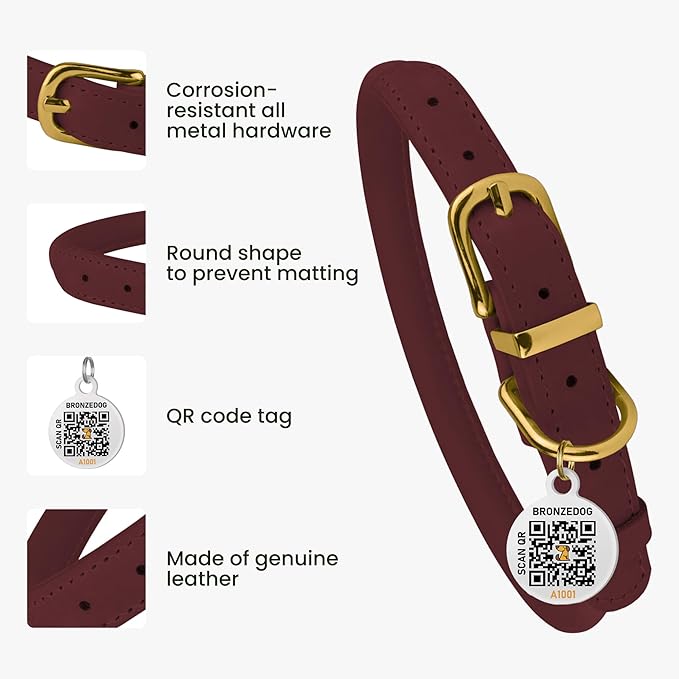 BronzeDog Rolled Leather Dog Collar with QR ID Tag, Adjustable Soft Round Collars for Small Medium Large Dogs Puppy (11" - 14 1/2" Neck Size, Burgundy)