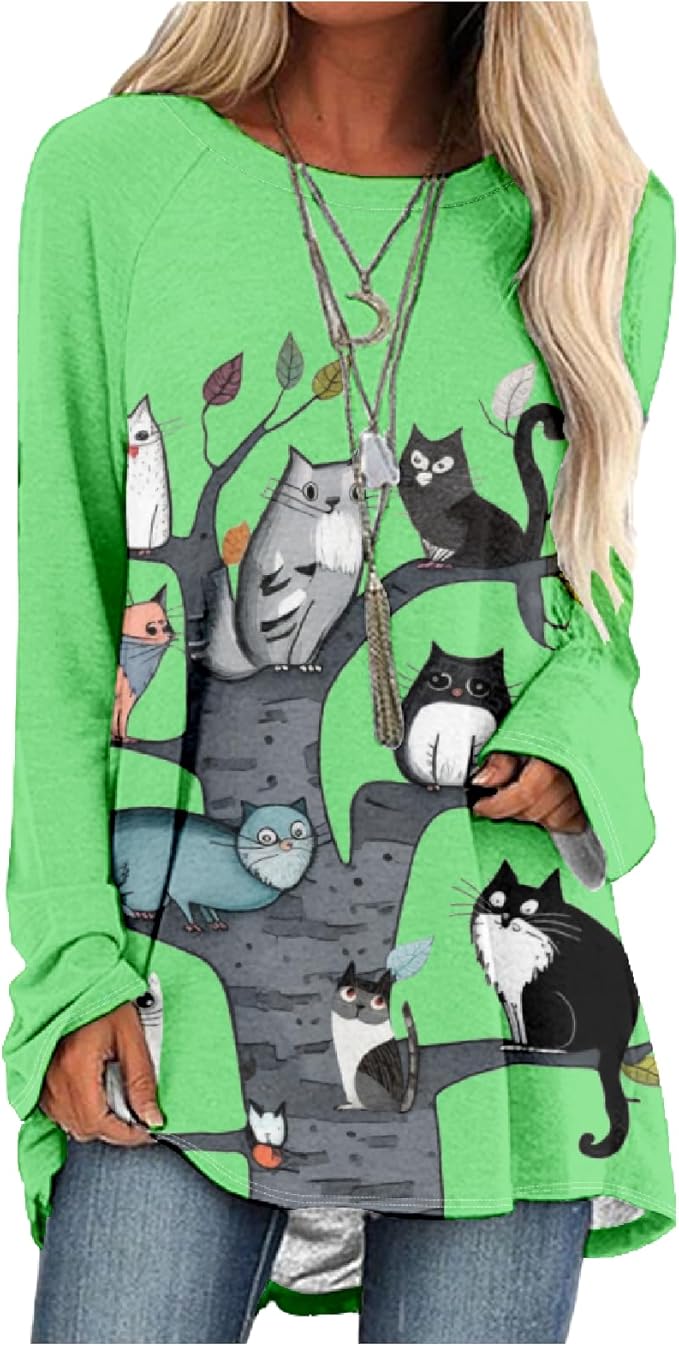 Womens Tunic Shirt Cute Cat Print Long Sleeve Round Neck Women T Shirts Cotton Casual Plus Size Vacation Tunics Tops
