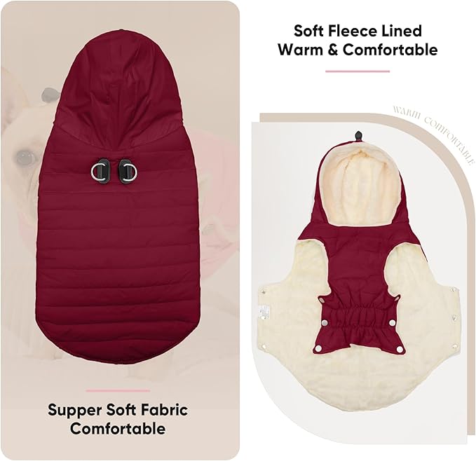 Fleece Lining Dog Hoodie with Harness Built in,Extra Warm Medium Dog Jacket in Winter Doggie Coats with Drawstring Hooded,Red L