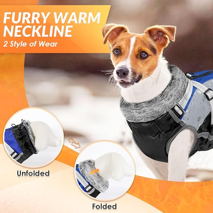 SlowTon Dog Jacket with Harness Built in - Waterproof Fleece Winter Warm Dog Coats for Small Medium Dogs, Reflective Adjustable Furry Puppy Vest Clothes for Outdoor Walking (Blue,L)