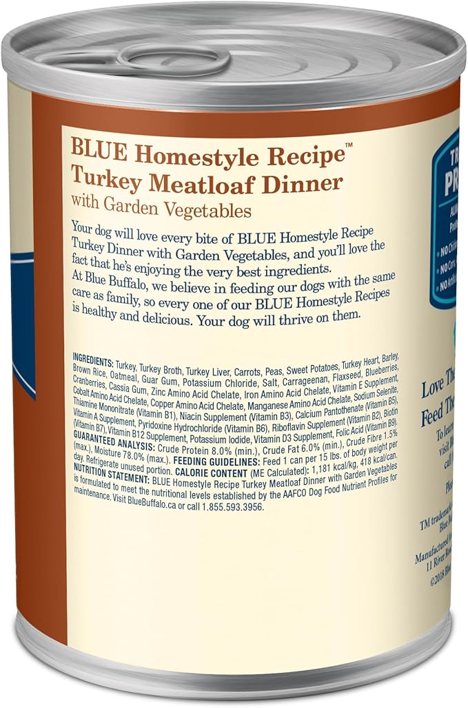 Blue Buffalo Homestyle Recipe Adult Wet Dog Food, Made with Natural Ingredients, Turkey Dinner With Garden Vegetables, 12.5-oz Can (Pack of 12)