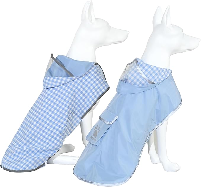 MAMORE Dog Raincoat Reversible,Waterproof Dog Rain Coat Hooded Slicker Poncho with Reflective Strip, Plaid Double Layer Rain Jacket for Small Medium Large Dogs (Light Blue, X-Large)