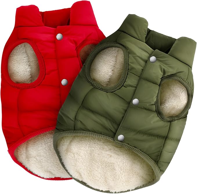 Syhood 2 Pieces Dog Jacket 2 Layers Fleece Lined Dog Jacket Warm Soft Windproof Small Pet Coat for Cold Winter Weather (L,Red,Green)