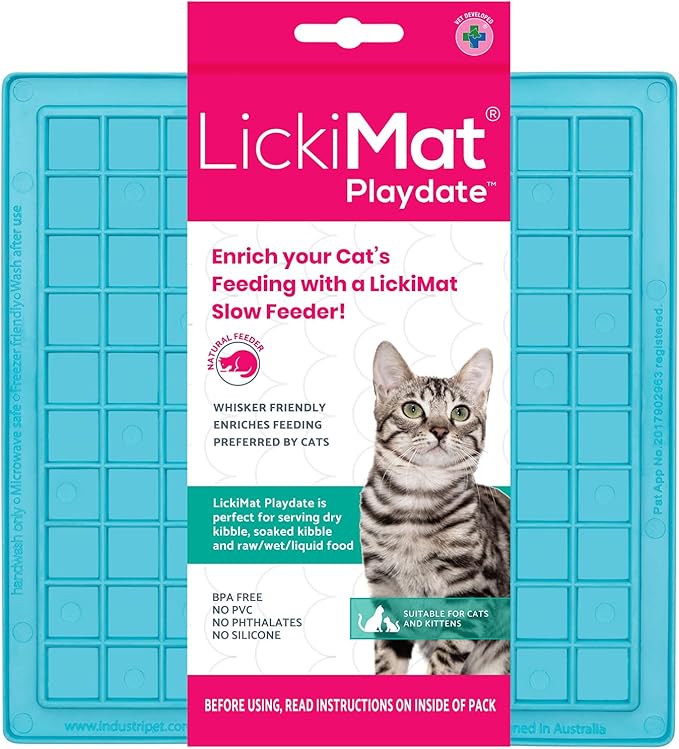 LickiMat Classic Playdate, Cat Slow Feeder Lick Mat, Boredom Anxiety Reducer; Perfect for Food, Treats, Yogurt, or Peanut Butter. Fun Alternative to a Slow Feed Cat Bowl or Dish, Turquoise