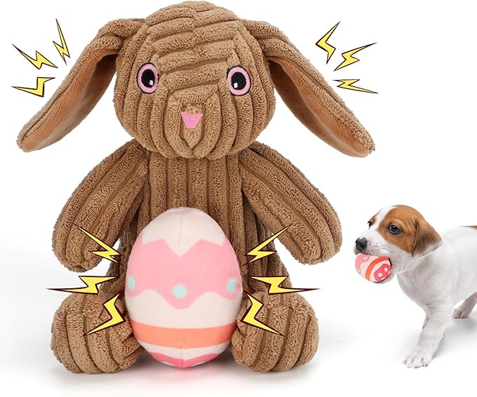 Stuffed Dog Toys Easter Rabbit Dog Toy, Squeaker Plush Dogs Toy with Crinkle Paper, Interactive Durable Puppy Chew Toy Pet Easter Toy with Egg for Small and Medium Dogs