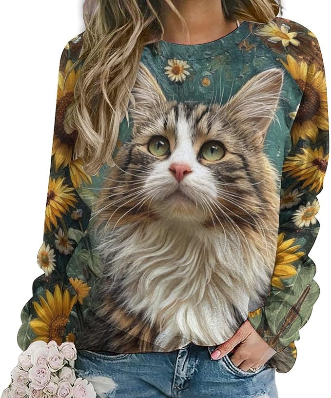 Long Sleeve Shirts for Women Cat Oil Painting Shirt 3D Graphic Sweatshirts Fall Pullover Crewneck Vintage Boho Tops