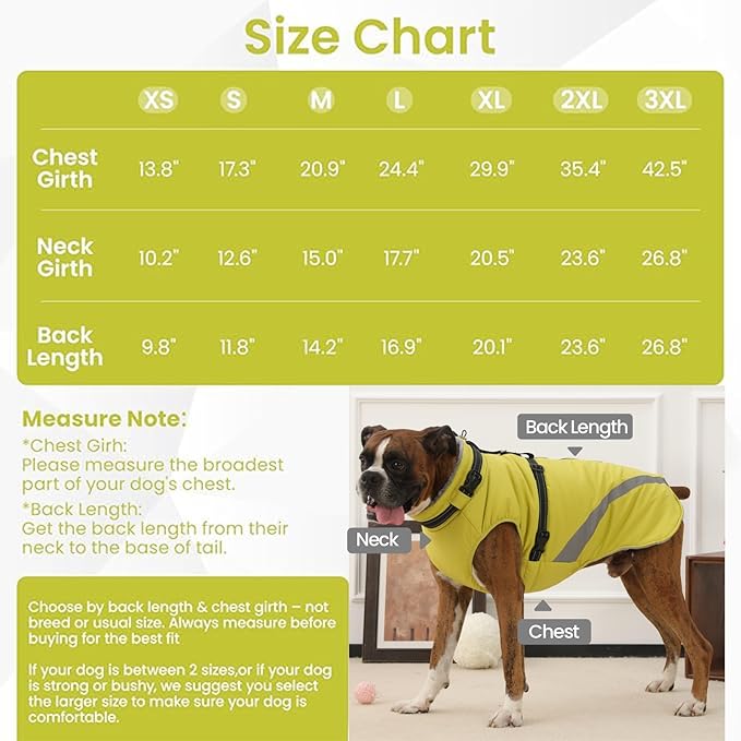 QBLEEV Dog Coat for Medium Dogs, Waterproof Dog Winter Coat with Built-in Harness and D-Ring, Zip Up Pet Cold Weather Coats with Fleece Lined, Warm Snowsuit Gear Vest for Pug Boston Terrier, Green, M