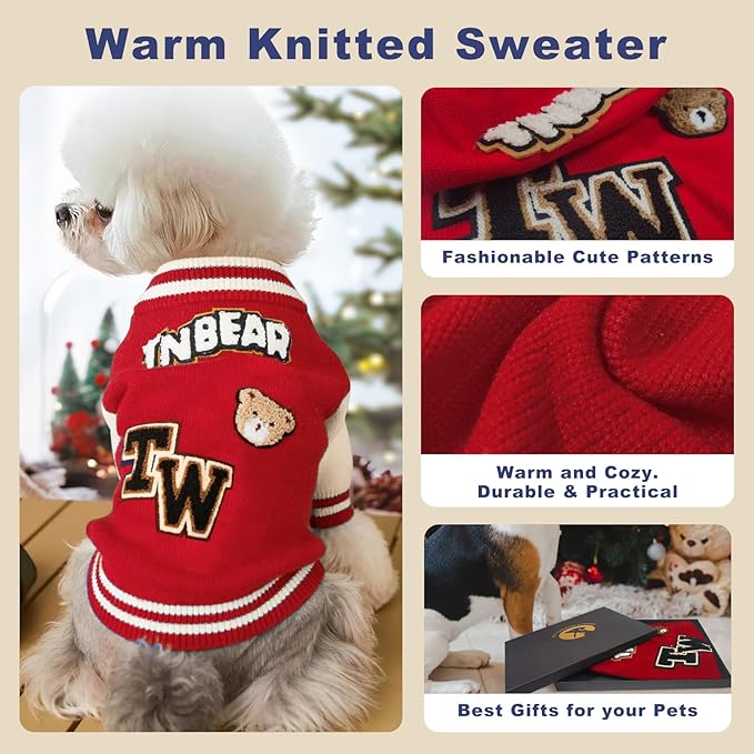Small Dog Sweater Sweatshirt Cute Puppy Sweaters - Winter Red Warm Knitted Bear Design for Puppies(L)