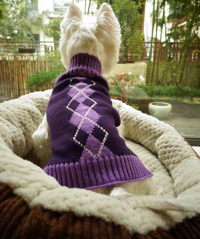 Argyle Knit Pet Sweaters Clothes for Medium Dogs, Classic Purple Large (L) Back Length 16"