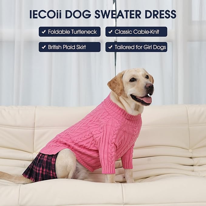 IECOii Girl Dog Sweater Dress - Cable Knit Dog Sweater for Medium Dogs Girl, Pink, Large - Turtleneck Winter Sweaters with Leash Hole, Soft & Stretchy Adorable Dress for Thanksgiving Christmas Photo