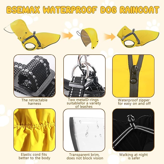 Dog Raincoat: Dog Rain Jacket with Reflective Harness & Removable Hood | Waterproof Dogs Rain Coat Poncho for Large Medium Small Dogs Puppies (Yellow - L)