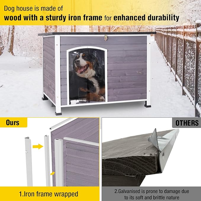 Aivituvin Heated Dog House with Insulated Liner for Winter, Waterproof Dog Kennel for Small Medium Large Dog with All-Around Iron Frame