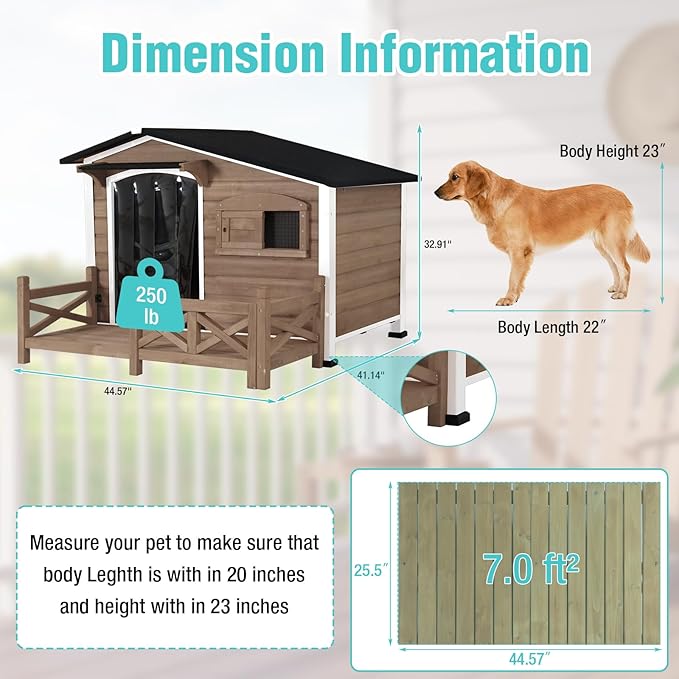 Dog House for Outdoor Use with Matel Frame, Waterproof Design- All-Weather Wooden Kennel with Sliding Window & Metal Frame (Brown, L)