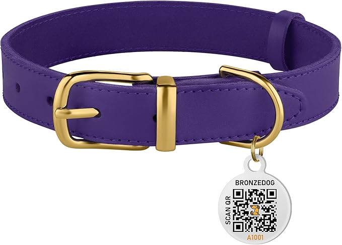 BRONZEDOG Leather Dog Collar with QR ID Tag Basic Pet Collars for Small Mini Dogs Cats Puppies (7-9 Inch (Pack of 1), Purple & Gold Buckle)