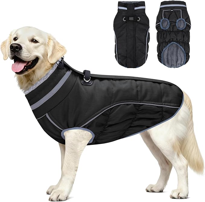 Malier Dog Coat, Reflective Dog Jacket Waterproof Windproof Puppy Cold Weather Coats with Harness Built in, Winter Extra Warm Pet Coat Fleece Vest for Small Large Pets and Puppy (Black, X-Large)