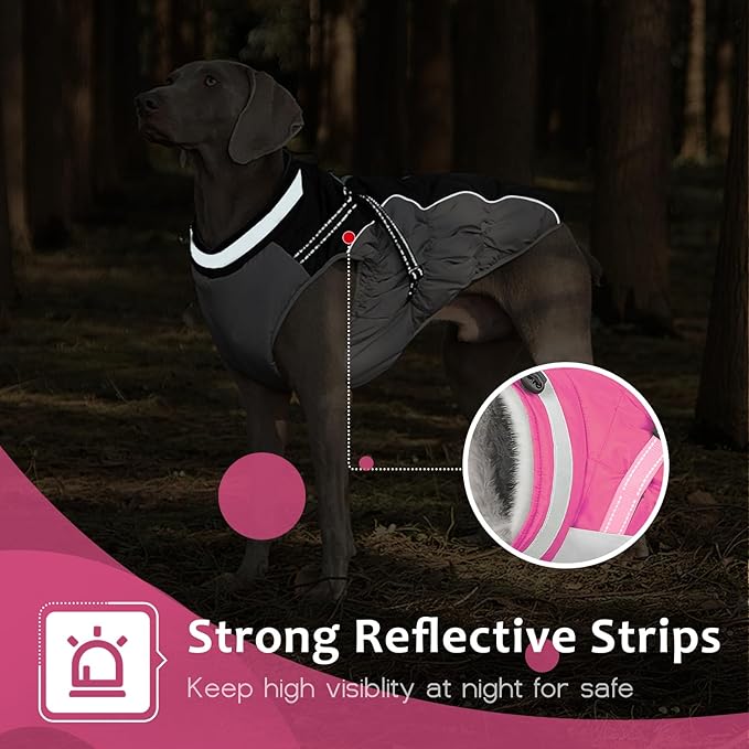 Dog Winter Coat with Harness, Dog Jacket, Pet Clothes with Zipper on Back, Waterproof Windproof Warm Vest, Reflective Cold Weather Coats, for Small Medium Large Dogs, Thick, Pink, 2XL
