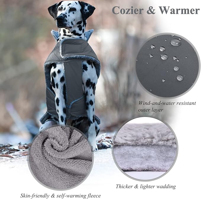 VIVAGLORY Frostfit Dog Coat, Dog Jacket for Winter & Cold Weather, Warm Fluffy Fleece Lined Water Resistant Reflective for Puppy, Coat with Velcro Fastening & Leash Hole, S, Grey
