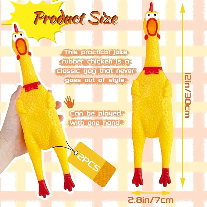 HEALTH & OUTDOORS Rubber Chicken Squeeze Squawking Chicken (2 Pack), 12-Inch Yellow Screaming Chicken Dog Toys, Prank Noise Maker Dog for Silly Novelty Party Favors, Games
