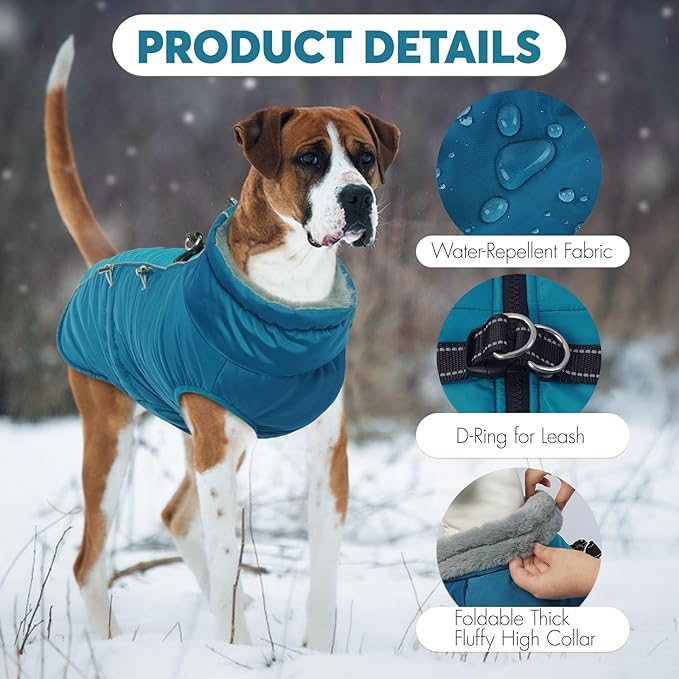 IDOMIK Warm Dog Coat with Harness, Waterproof Reflective Dog Jackets for Small Medium Large Dogs, Fleece High Collar Winter Jacket with Zipper, Pet Winter Snowsuit Clothes for Cold Weather,Blue M