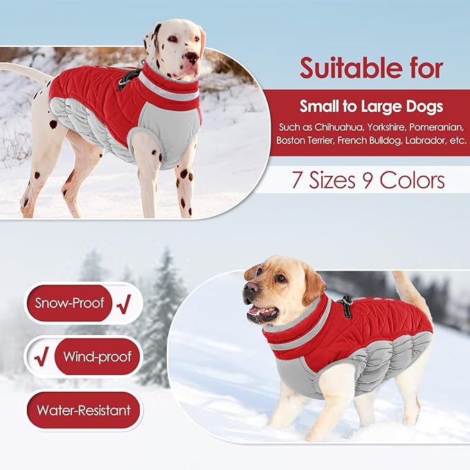 AOFITEE Dog Coat, Warm Dog Winter Coat for Large Dogs, Reflective Turtleneck Dogs Jacket with Harness Built in, Waterproof Windproof Pet Puffer Jacket Fleece Vest for Cold Weather, Christmas Red
