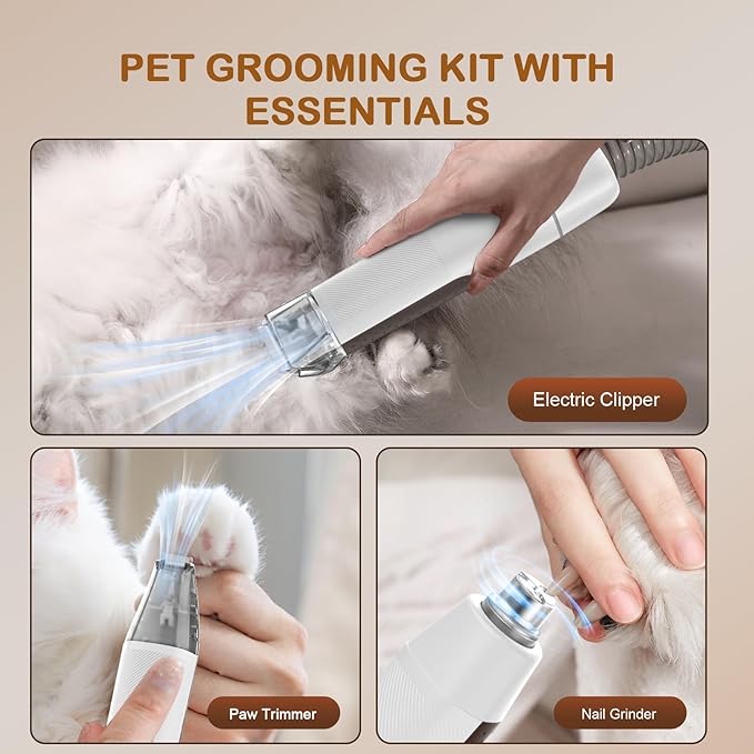 Dog Grooming Vacuum, Dog Grooming Kit with Pet Clipper Nail Grinder, 3 Suction Modes Dog Brush Vacuum with 6 Pet Grooming Tools (Brown)