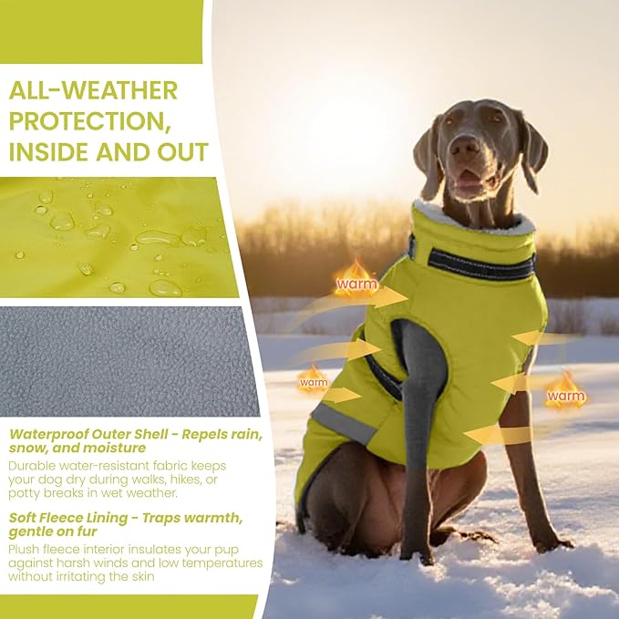 QBLEEV Dog Coat for Medium Dogs, Waterproof Dog Winter Coat with Built-in Harness and D-Ring, Zip Up Pet Cold Weather Coats with Fleece Lined, Warm Snowsuit Gear Vest for Pug Boston Terrier, Green, M