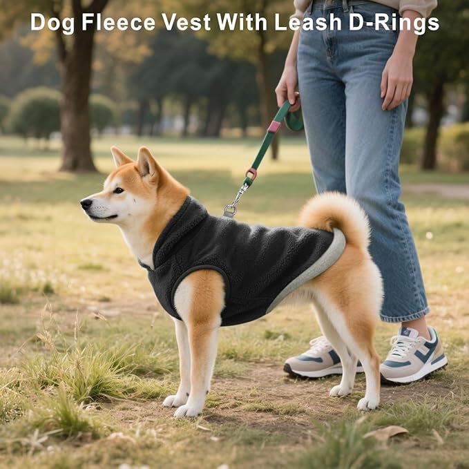 Idepet 2 Pack Dog Fleece Vest Sweater Warm Pullover Jacket with D-Ring Leash Reflective Winter Coat Hoodie for Puppy Cat French Bulldog Pug Chihuahuas Yorkies Dachshunds(Black&Blue,Large)