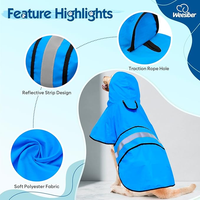 Weesiber Dog Raincoat, Waterproof Dog Rain Jacket with Leash Hole, Hooded Puppy Rainwear Poncho Slicker for Walking (M, Blue)